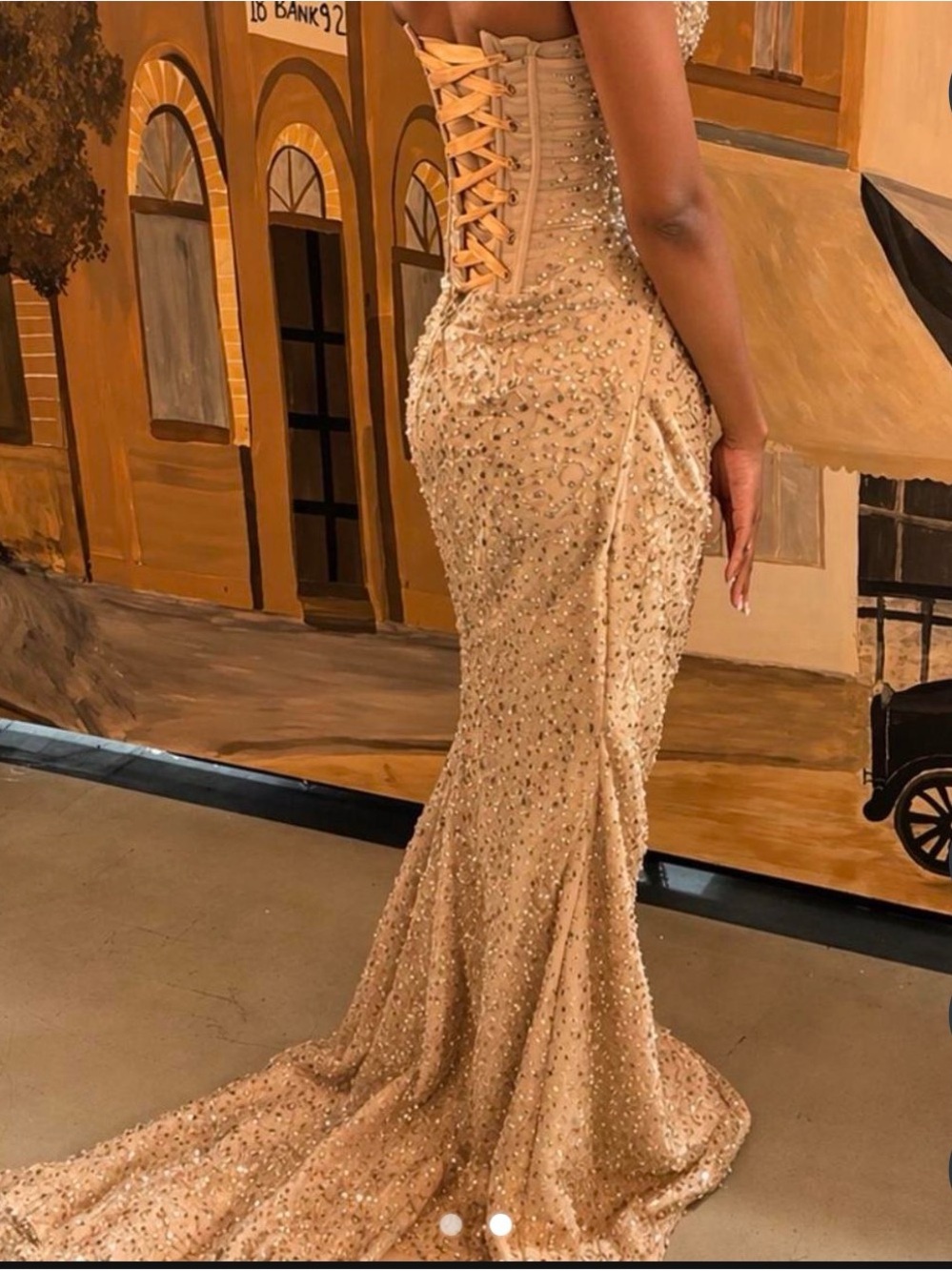 Beaded Lace-Up Back Champagne Evening Gown